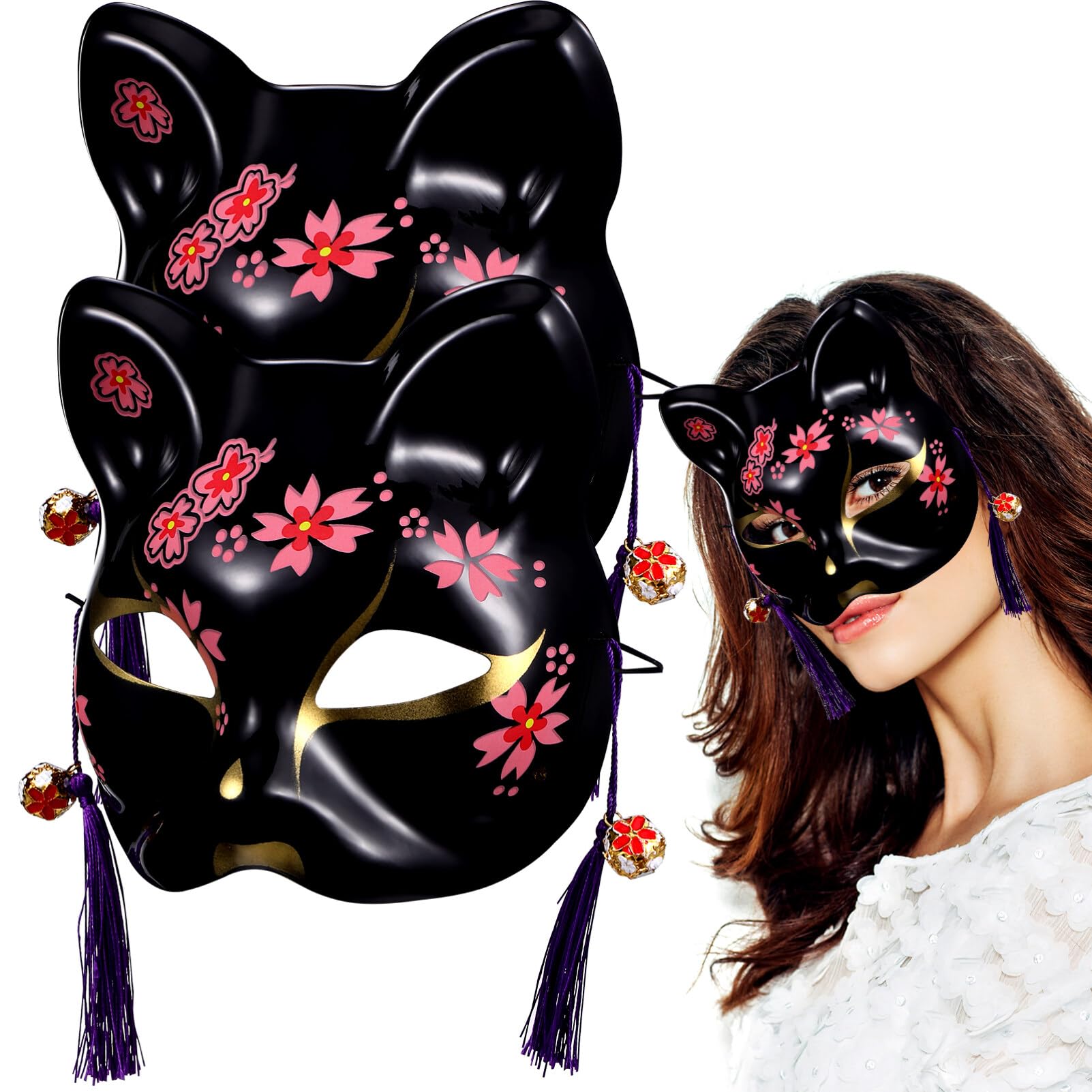 TOYANDONA Sakura Cat Kitsune Mask 2Pcs Set Animal Cosplay Half Masks with Cherry Blossom Design for Halloween Masquerade Party