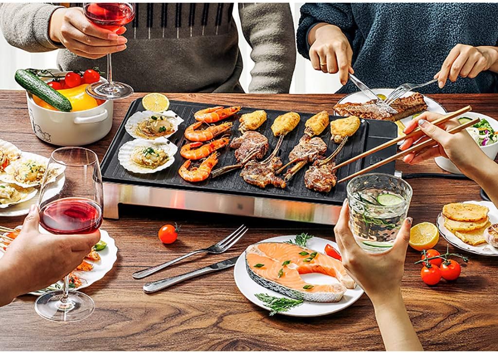 review Electric Teppanyaki Tabletop Grill, BBQ Barbecue Nonstick, with 5 Adjustable Temperature, Removable Baking Tray (410270mm)