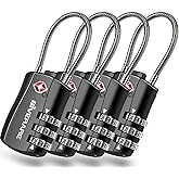 GIVERARE 4 Pack TSA Approved Luggage Locks, Combination Travel Cable Lock, Re-settable 3-Digit Padlocks with Alloy Body, Keyless TSA Padlock for Gym Locker, Golf Bag Case-Black