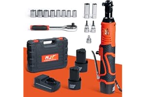 MJF 3/8" Cordless Electric Ratchet Wrench Set, 12V Two 2.0Ah Batteries, 40 Ft-lbs 400 RPM, 13 Sockets, Variable Speed, Comes with Manual Ratchet Wrench
