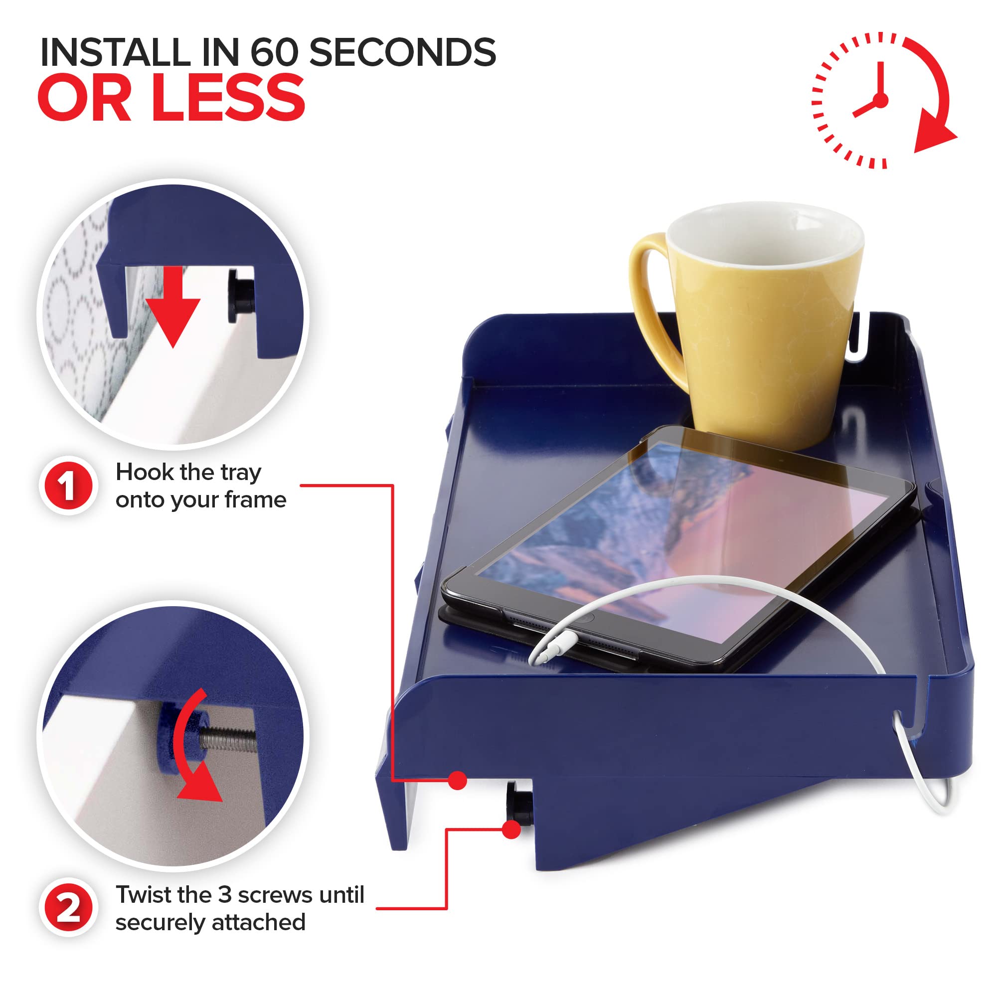 Modern Innovations Bedside Shelf for Bed, College Dorm Room, Bunk Bed Shelf for Top Bunk, Clip On Nightstand Tray with Cord and Cup Holder, Bunkbed Caddy for Table Storage (Navy)