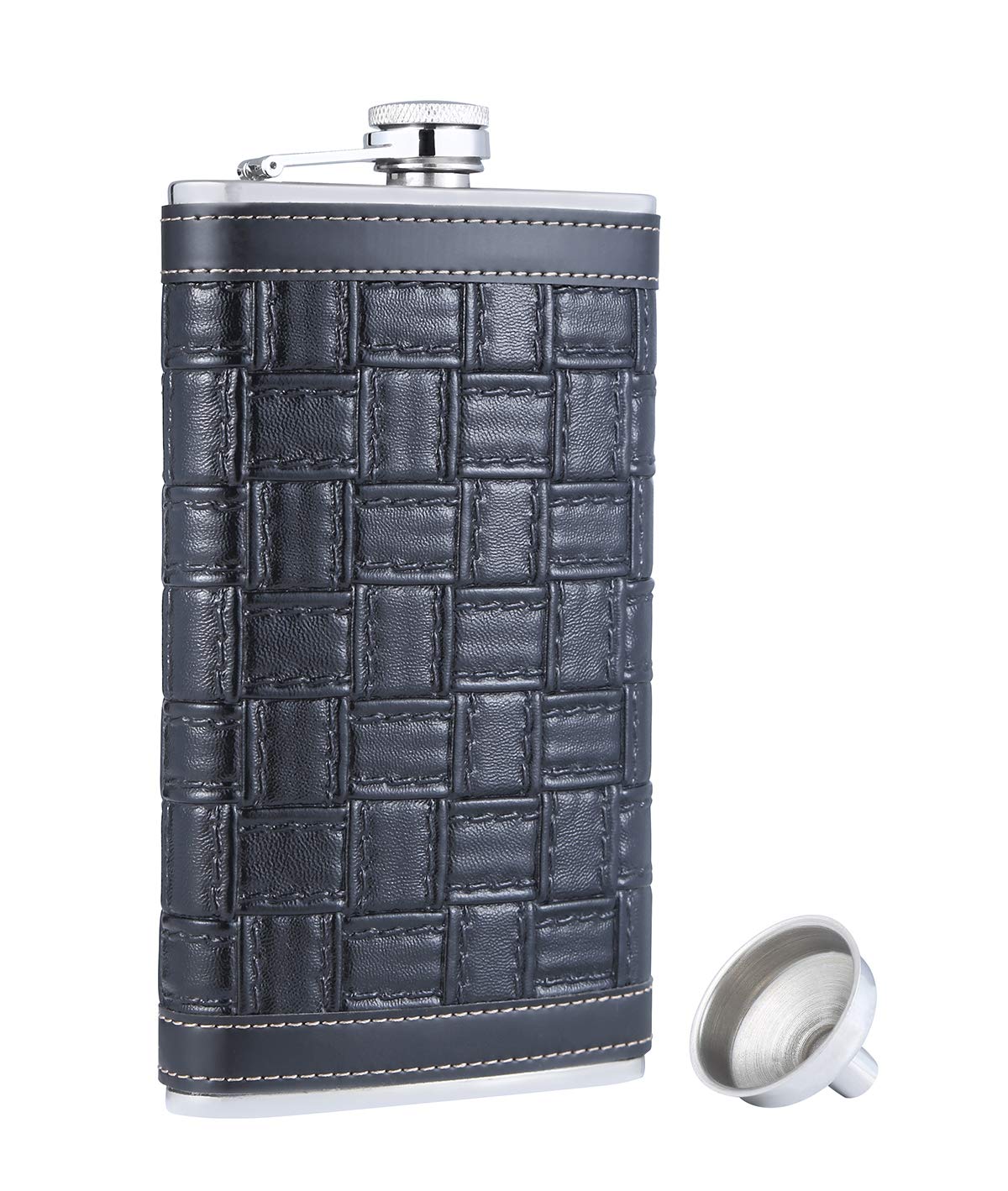 TANEAXON 12 oz Square Pattern Pocket Whiskey Liquor Leather Wrapped Flask with Funnel and Box - Stainless Steel and Leak Proof