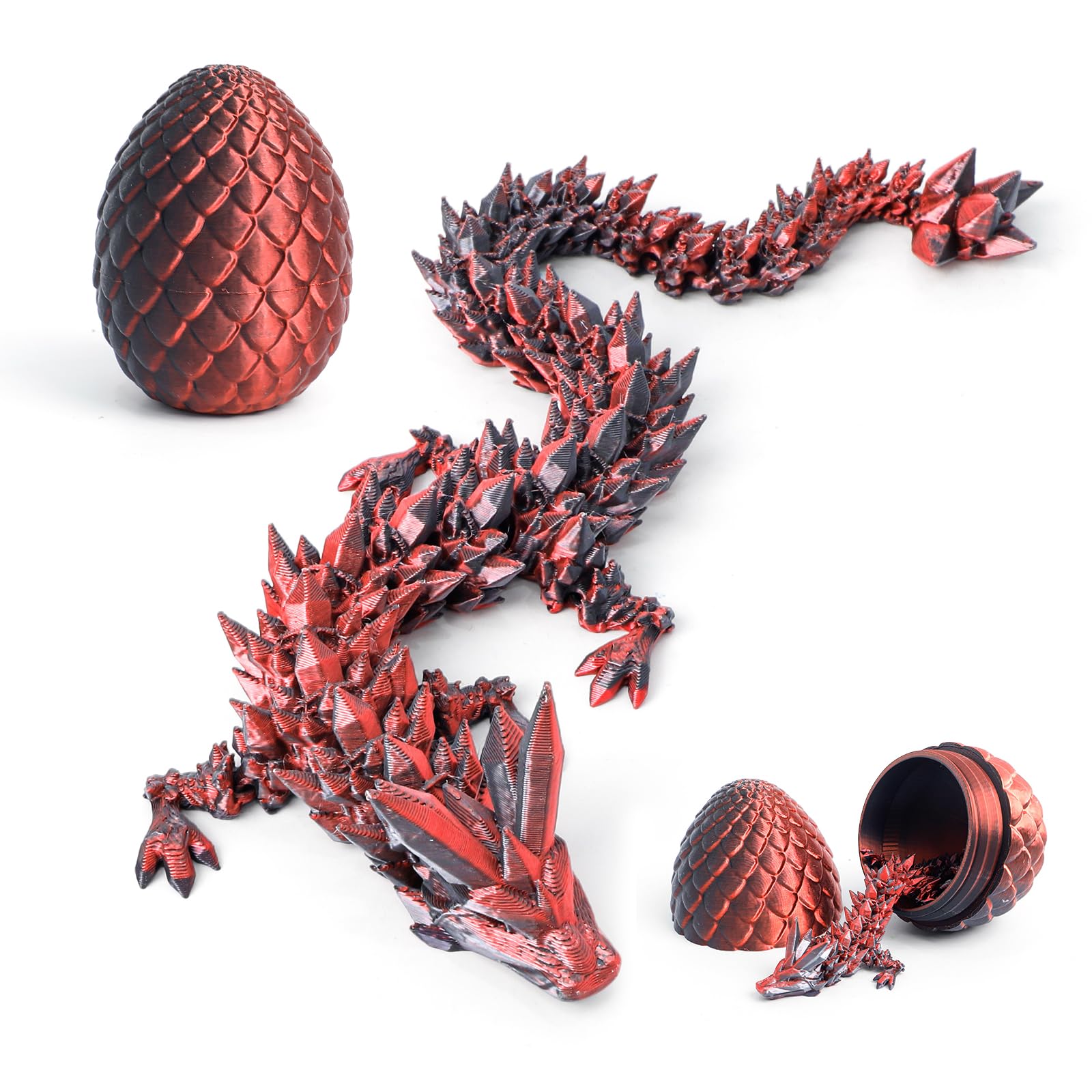 Flavery 3D Printed Dragon in Egg - Easter Egg with 12" Flexible Crystal Dragon Inside, Colorful Fidget Toy, Birthday Gift, Desk Pet Figure (Black Red) — image 1