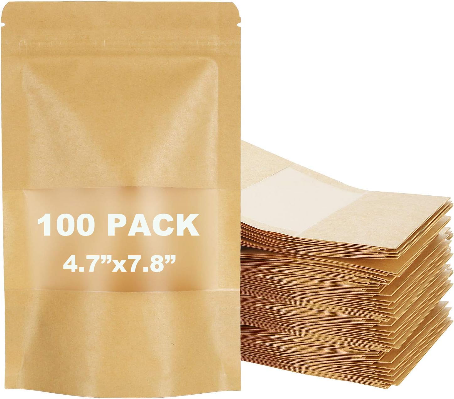 Photo 1 of 100 Pack Ziplock Stand up Kraft Paper Bags Pouches with Window for Food Storage Resealable Packaging Containers Household Reusable Organizer (4.7 x 7.8 Inch)