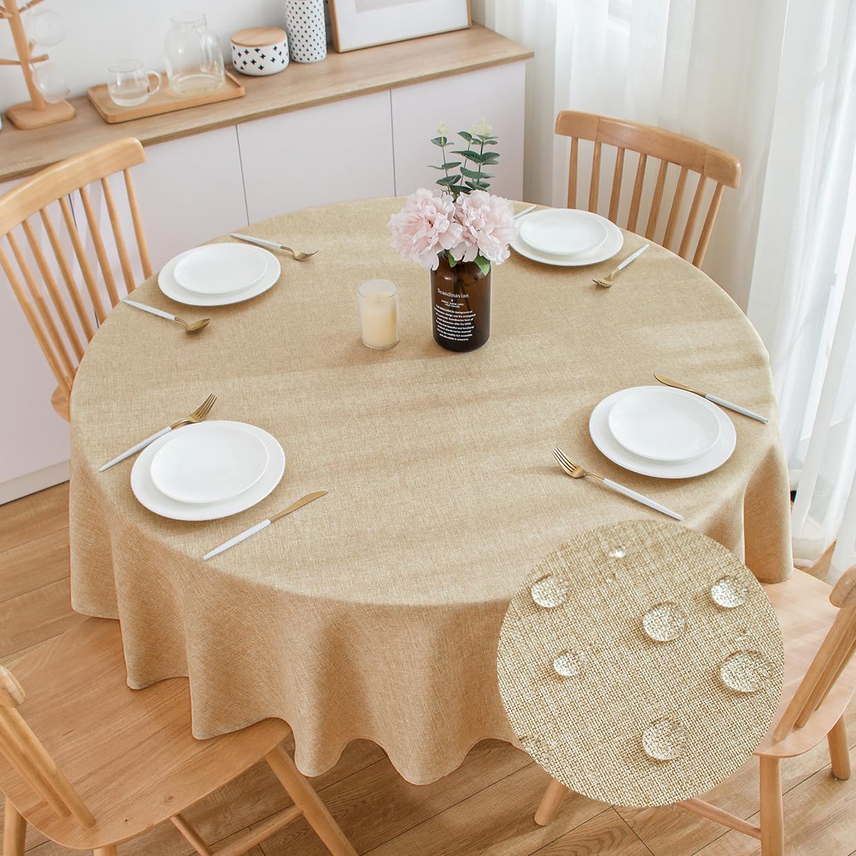 SPRICA Round Tablecloth 200cm Diameter Water Resistance Linen Texture Spill Proof Wipeable Table Cover Solid Colour Circle Cover, Wheat
