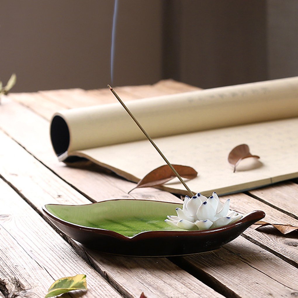 Handmade Incense Burner Lotus Porcelain Incense Stick Holder Stand Ash Catcher Tray Plate Home Buddhist Temple Decor Birthday, Green