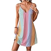 Floerns Women's Colorblock Striped V Neck Cami Dress Casual Tunic A Line Dresses