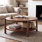 DM Furniture Round Coffee Table with Open Storage Shelf, Walnut Brown | Mid-Century Modern, 2-Tier Wood Center Table, Farmhouse Circle Coffee Table, Living Room, Office