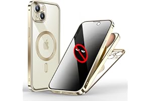 KumWum Privacy Case for iPhone 15 Plus Front and Back Protection Compatible with Magsafe Metal Bumper Screen Protector Double-Sided Buckle Cover with Camera Lens Protection - Gold