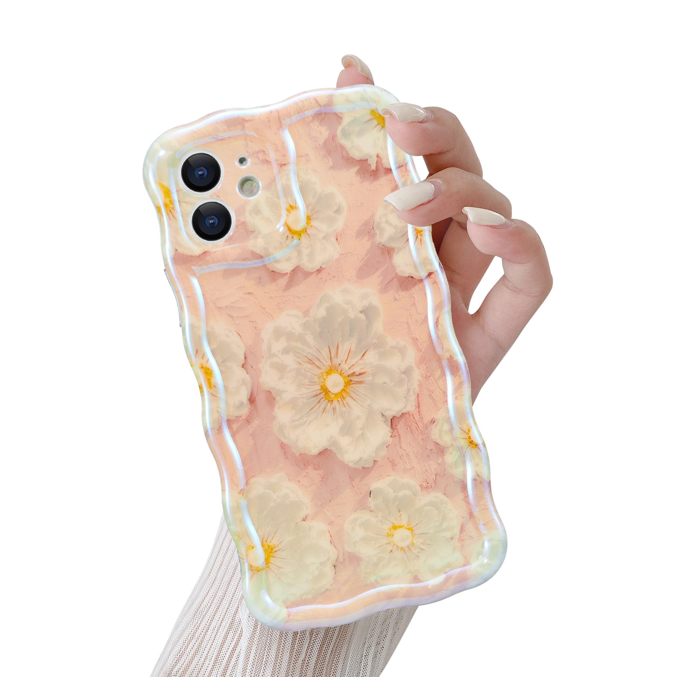 QLTYPRI Compatible with iPhone 12 Case, Oil Painting Floral Flower Pattern Design for Girls Women, Cute Curly Wave Frame Slim Soft Silicone TPU Bumper Shockproof Phone Cover for iPhone 12 - Pink #2 — image 1