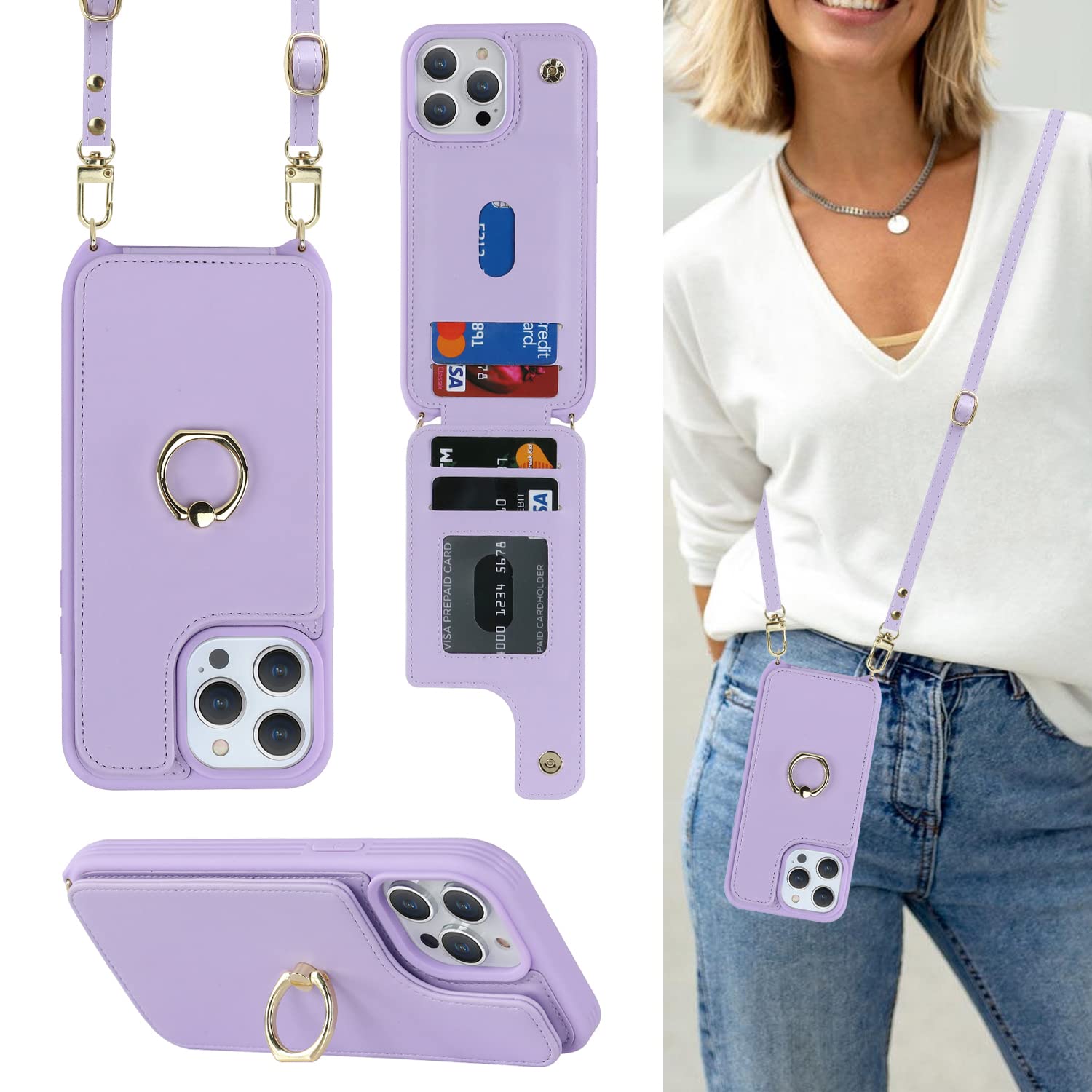 Lipvina for iPhone 14 Pro Max Case with Card Holder for Women,Phone Case with Strap,Crossbody Lanyard,RFID Blocking,Ring Stand,Snap Clasp,Cute Wallet Cases 6.7"(Purple)