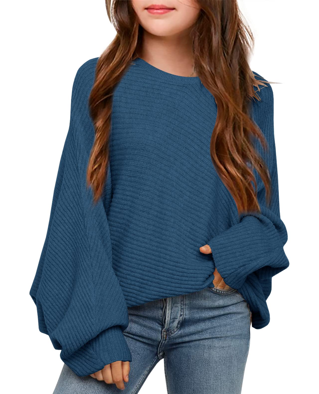 Photo 1 of Mafulus Girl's Oversized Crewneck Fall Sweaters Kids Batwing Long Sleeve Slouchy Chunky Cute Pullover Jumper Shirts 5-14T Navy