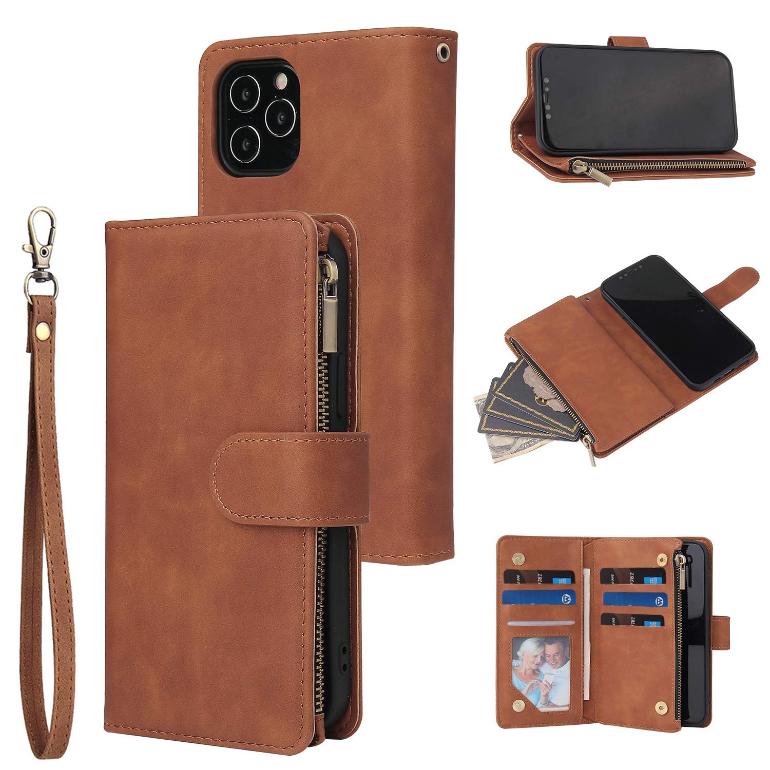 UEEBAI Wallet Case for iPhone 12 mini 5.4 inch, Premium Vintage PU Leather Magnetic Closure Handbag Zipper Pocket Case Kickstand Card Holder Slots with Wrist Strap TPU Shockproof Flip Cover - Brown — image 1