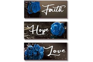 DONFENTHY 3 PCS Blue Bathroom Decor Inspirational Blue Wall Decor Navy Blue Rose with Hope Love Faith Positive Word Wooden Farmhouse Wall Art For Home Bedrooms Living Rooms Office Kitchen(Blue 10x4)
