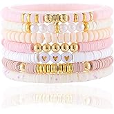 CCINPPY Friendship Bracelets Trendy Heishi Clay Bead Bracelets Stack Gold Beaded Stretch Bracelets for Women Boho Stackable Bracelets Bulk Cute Preppy Jewelry