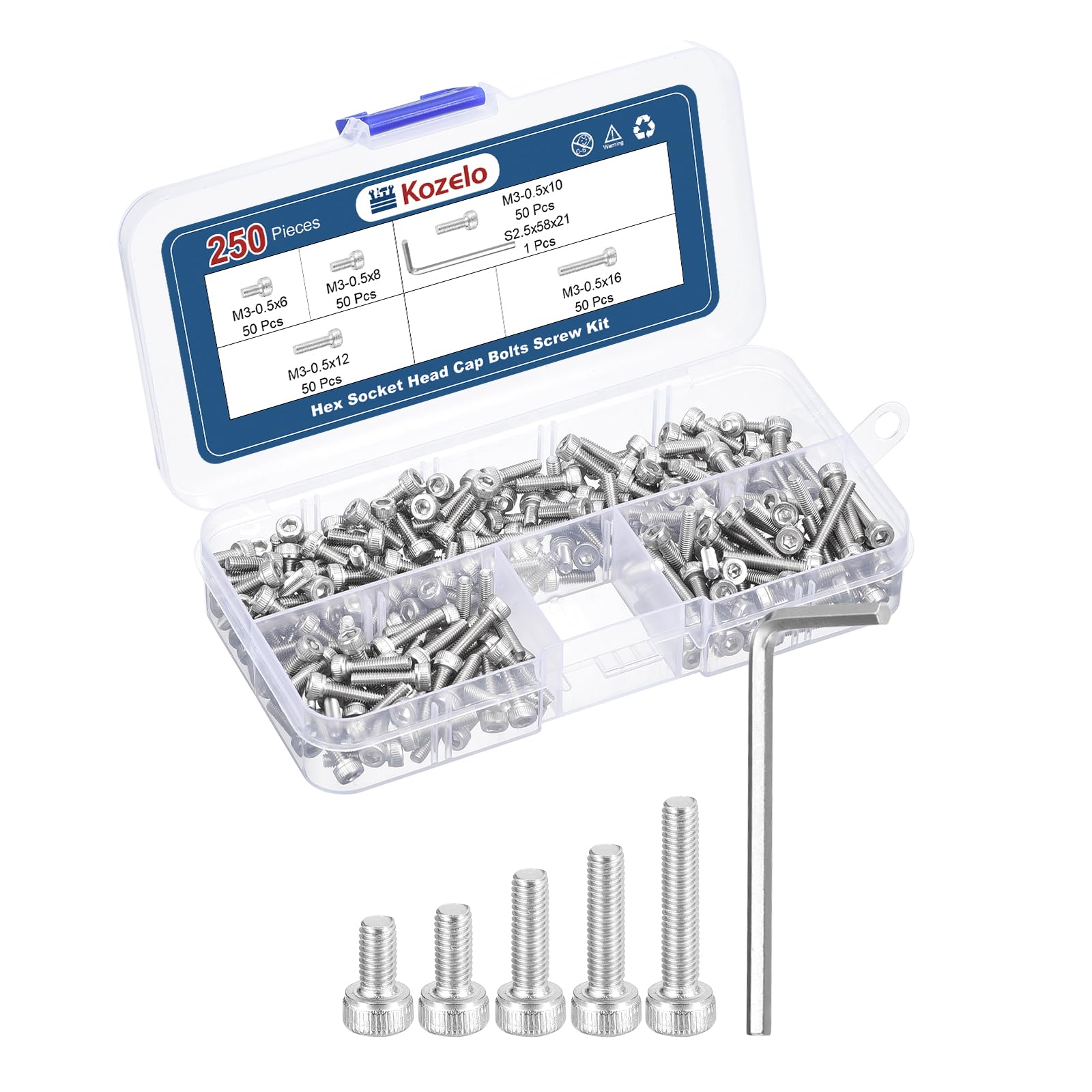 Kozelo 250pcs M3 Socket Head Cap Screws Bolts Nuts Assortment Kit - [M3x6/8/10/12/16mm] 304 Stainless Steel Allen Socket Drive for 3D Printer with Allen Wrench — image 1