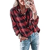 Wenrine Womens Long Sleeve Button Down Shirt Casual Plaid Flannel Shirt Collared Blouse Tops