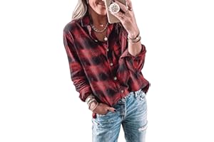 Wenrine Womens Long Sleeve Button Down Shirt Casual Plaid Flannel Shirt Collared Blouse Tops