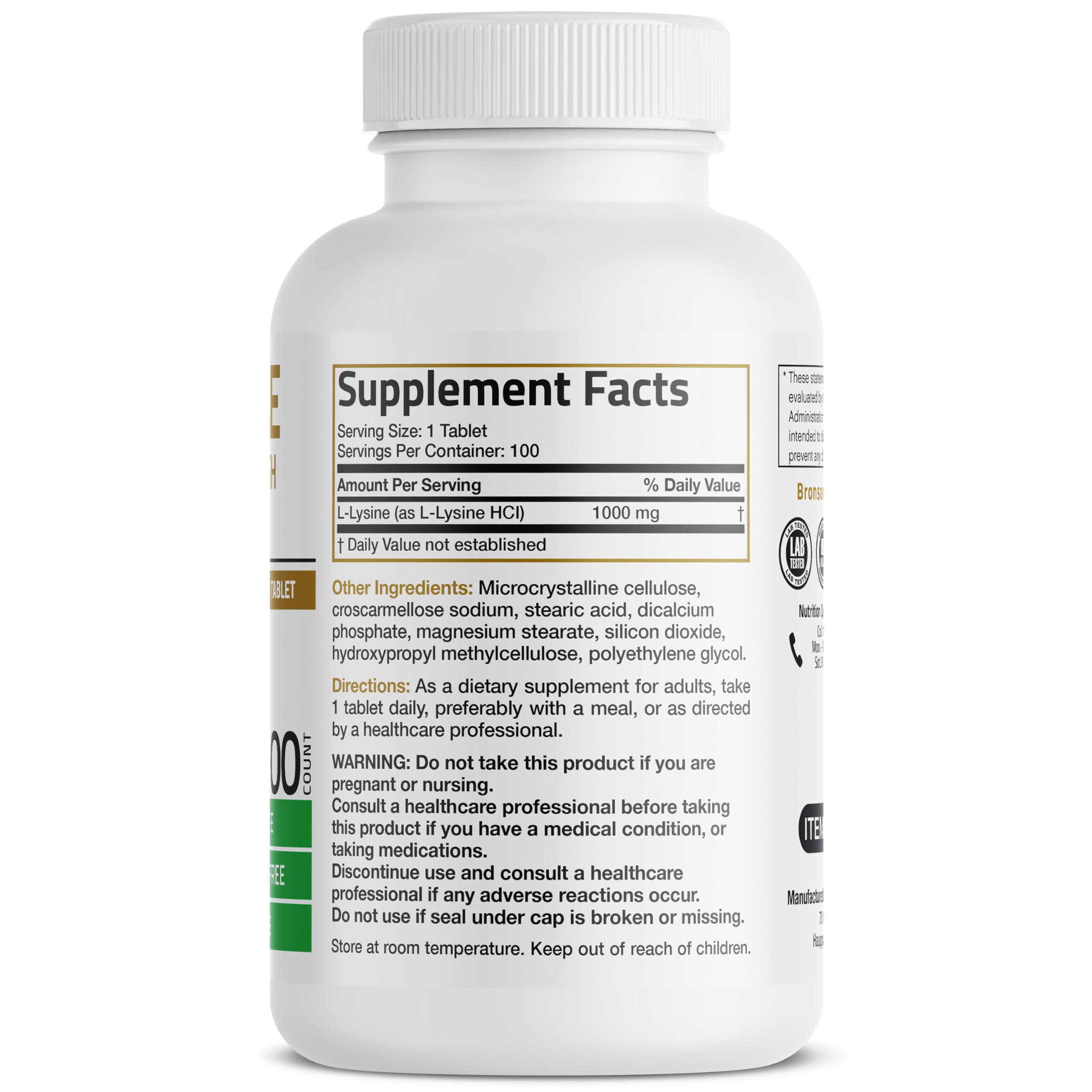 Bronson L-Lysine Extra Strength 1000 MG per Tablet High Potency, Immune Support & Supports Collagen Synthesis, Non-GMO, 100 Vegetarian Tablets