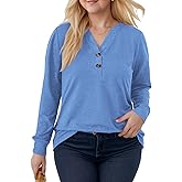 ROSRISS Plus-Size Tops for Women Henley V Neck Casual Loose Long Sleeve Shirts Dressy Buttons Up Tunics XL-5XL