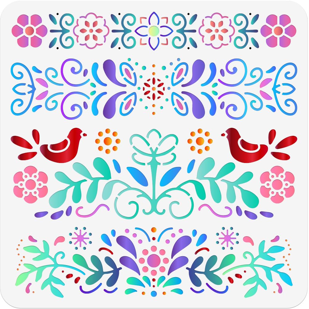 NBEADS Folk Flowers Painting Stencil, 30x30cm Reusable DIY Art and Craft Stencils Plastic Floral Templates for Painting on Wood Fabric Paper Walls Canvas Furniture