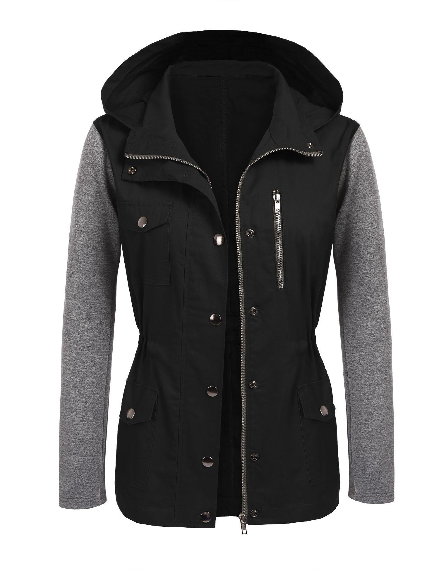 Beyove Womens Military Anorak Safari Utility Parka Drawstring Hoodie Jacket, (B)black 1, Medium