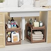 Bamboo Under Sink Organizer Adjustable Height 2 Tier Bathroom Organizer Pull Out Cabinet Storage Kitchen Heave Duty Wood Slide Ou Shelf for Kitchen Bathroom (Black, 2 Packs) (Brown, 2 Packs)
