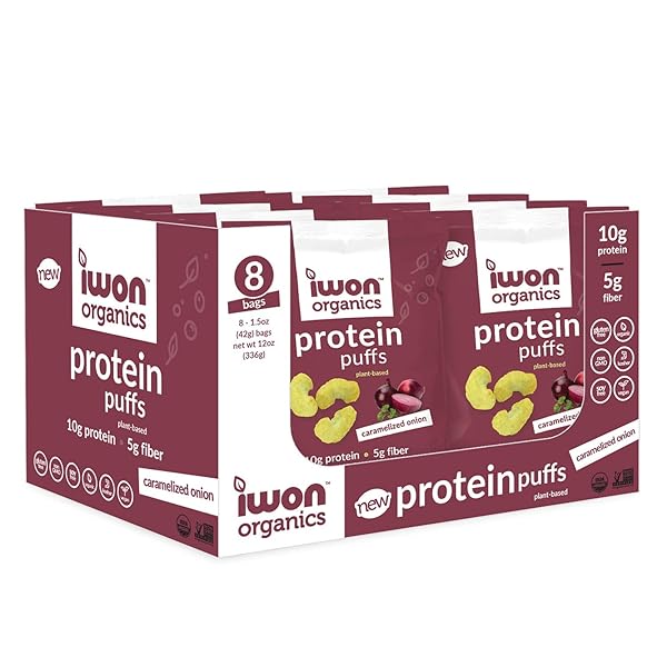 IWON ORGANICS CARAMELIZED ONION FLAVOR PROTEIN PUFF, HIGH PROTEIN AND ORGANIC HEALTHY SNACKS, 8 BAGS
