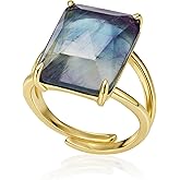 Fluorite Ring, Natural Rainbow Fluorite Crystal Ring Gold Plated, Gemstone Healing Reiki Rectangle Adjustable Bohemia Ring for Women
