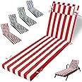 VKETU Outdoor Chaise Lounge Cushion, High-Density Foam Fill Patio Furniture Bench Cushions with Ties, Thicken Waterproof Replacement Back Chaise Cushions for Pool, Sand Beach (Red White Stripes)