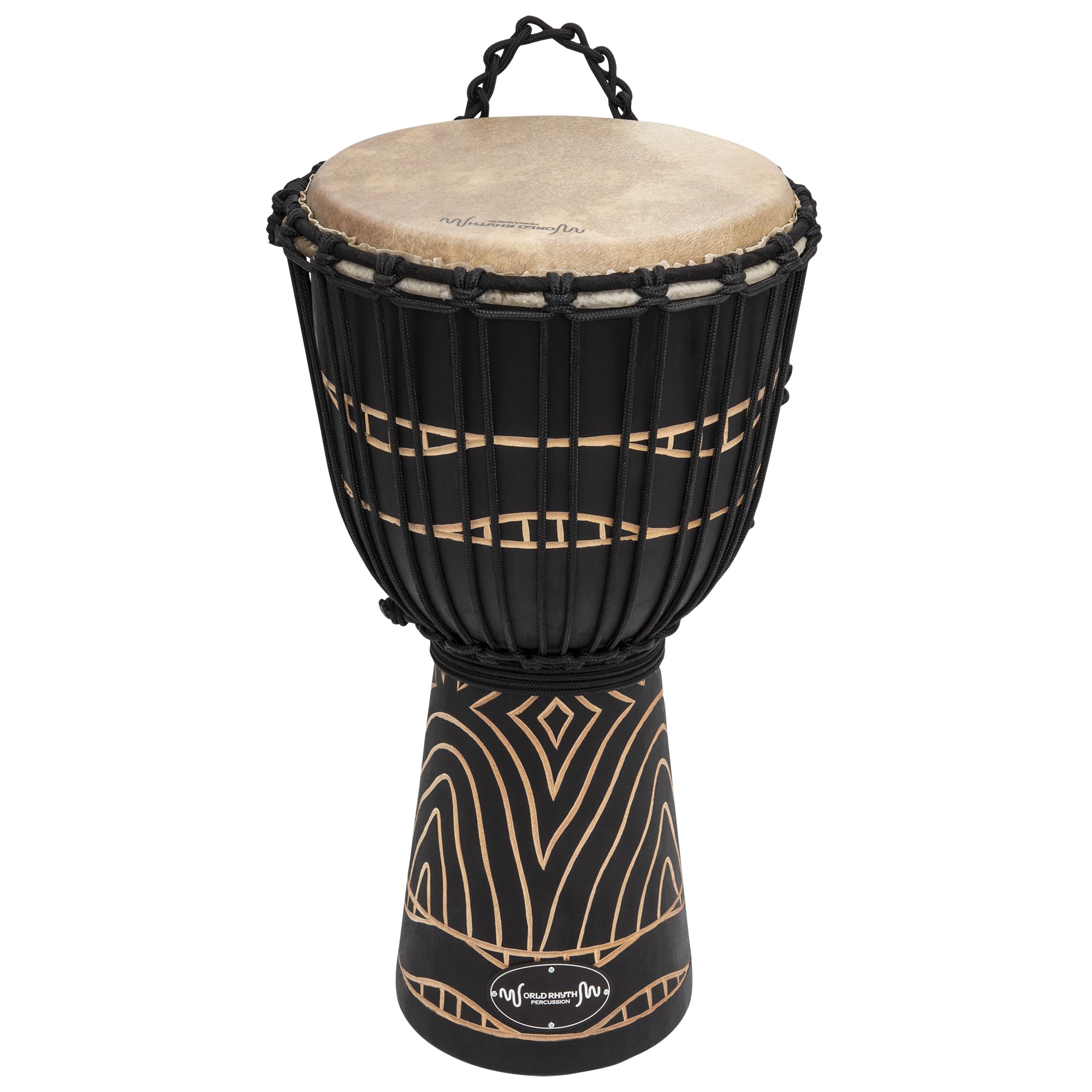 World Rhythm 40cm (16”) Djembe Drum with 8" Goatskin Head - Rope Tuned Hand Carved African Style Drum, Swirl Black Finish for Performers, Drum Circles, Group Workshops