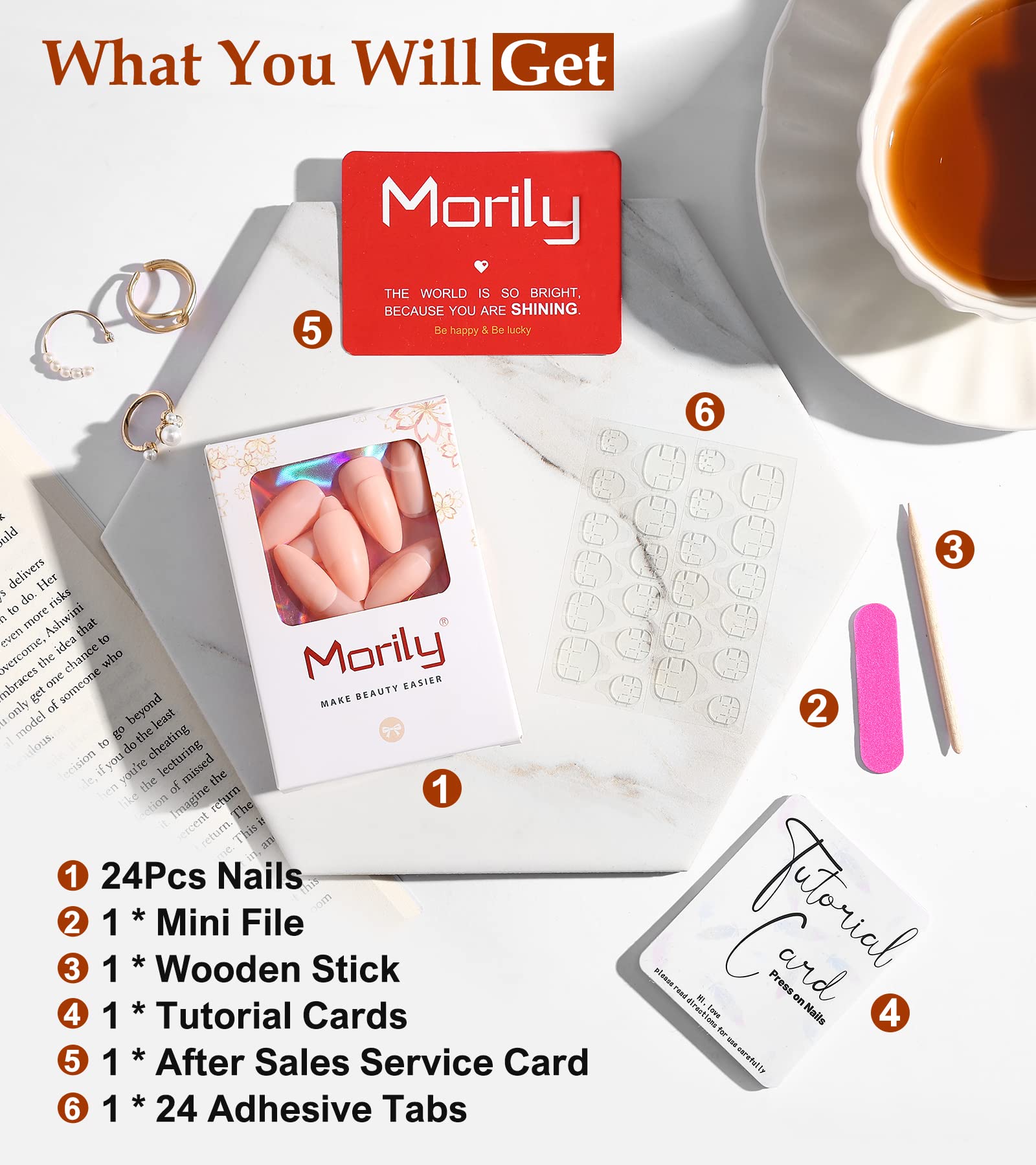 Morily Press on Nails Medium - Nude Almond Fake Nails Solid Color Pink Glossy False Fingernails in 15 Sizes, Long Stick on Nails for Women - 30Pcs - Image 8