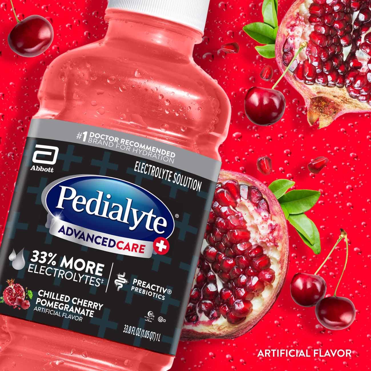 Pedialyte AdvancedCare Plus Electrolyte Hydration Drink, Has 33% More Electrolytes and Has PreActiv Prebiotics, Chilled Cherry Pomegranate, 1 Liter, Pack of 4