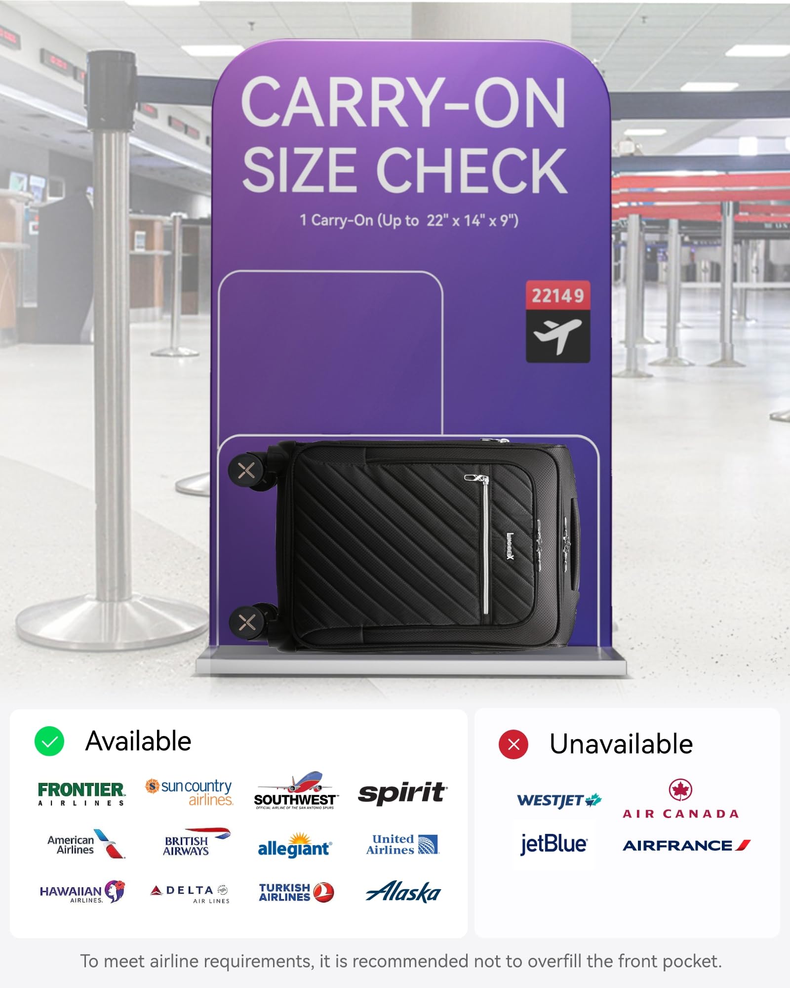 LUGGEX Carry On Luggage with Spinner Wheels - Stylish Lightweight Carry On Suitcase - Soft Sided 22x14x9 airline approved with Front Open Design for Travel, Business (Black, 20 Inch)