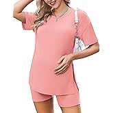 Ekouaer Women's Maternity Pajamas Sets 2 Piece Outfits Short Sleeve Shirts and Biker Shorts Pregnancy Loungewear Mama Clothes
