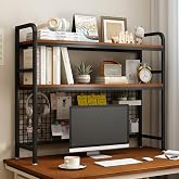 IOTXY 2-Tier Desktop Hutch Bookshelf, Metal Desk Shelf, Black, 45.3" W | Steel Frame, 2 MDF Shelves, Grid Panel with 5 Hooks, Fits Over Monitors Up to 27" for Dorm Desks and Home Offices