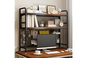 IOTXY 2-Tier Desktop Hutch Bookshelf - Metal Desk Shelf Bookcase with Grid Panel, Countertop Storage Organizer Rack for Dorm or Office, Black, 45.3" W