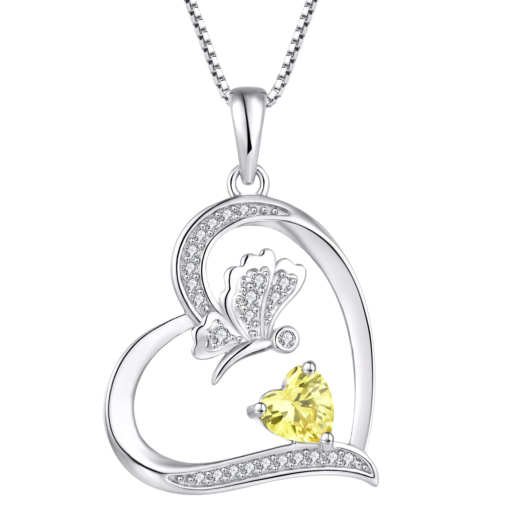 FJ Love Heart Butterfly Necklace 925 Sterling Silver Citrine Necklace November Birthstone Pendant Jewellery for Women