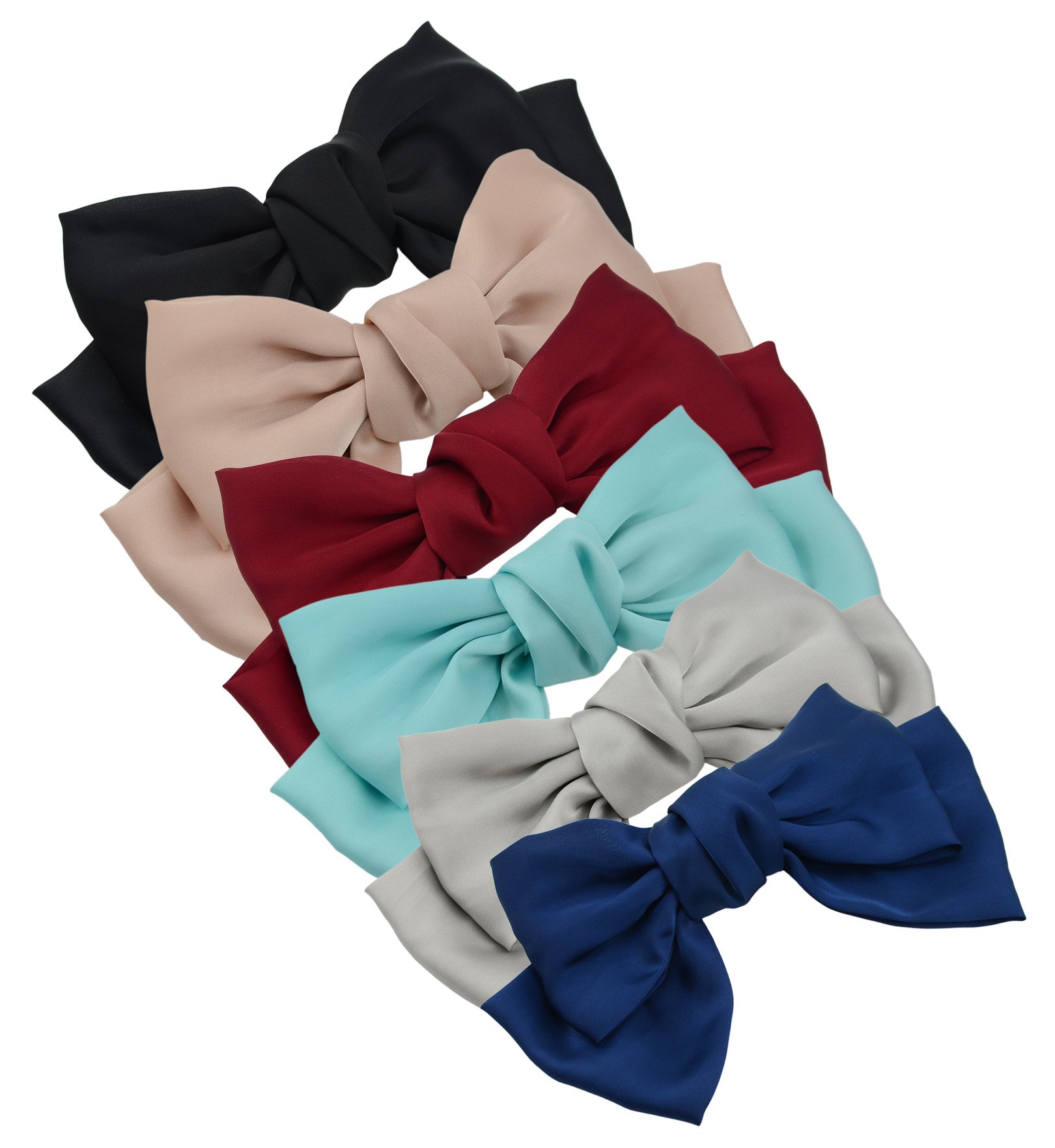 6-Pack Fashion Double-Deck Chiffon Large Solid Color Bowknot Hair Clip Women Girls Hair Bow Clip Accessories (6 Colors-Burgundy Grey Blue Black Pink and Light Blue)