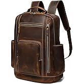 LANNSYNE Men's Vintage Full Grain Leather Backpack for 16" Laptop Travel Hiking Camping Rucksack