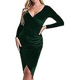 Top-cofrLD Long Sleeve Velvet Dress Deep V Neck Formal Fall Wedding Guest Dress Ruched Christmas Cocktail Party Dress