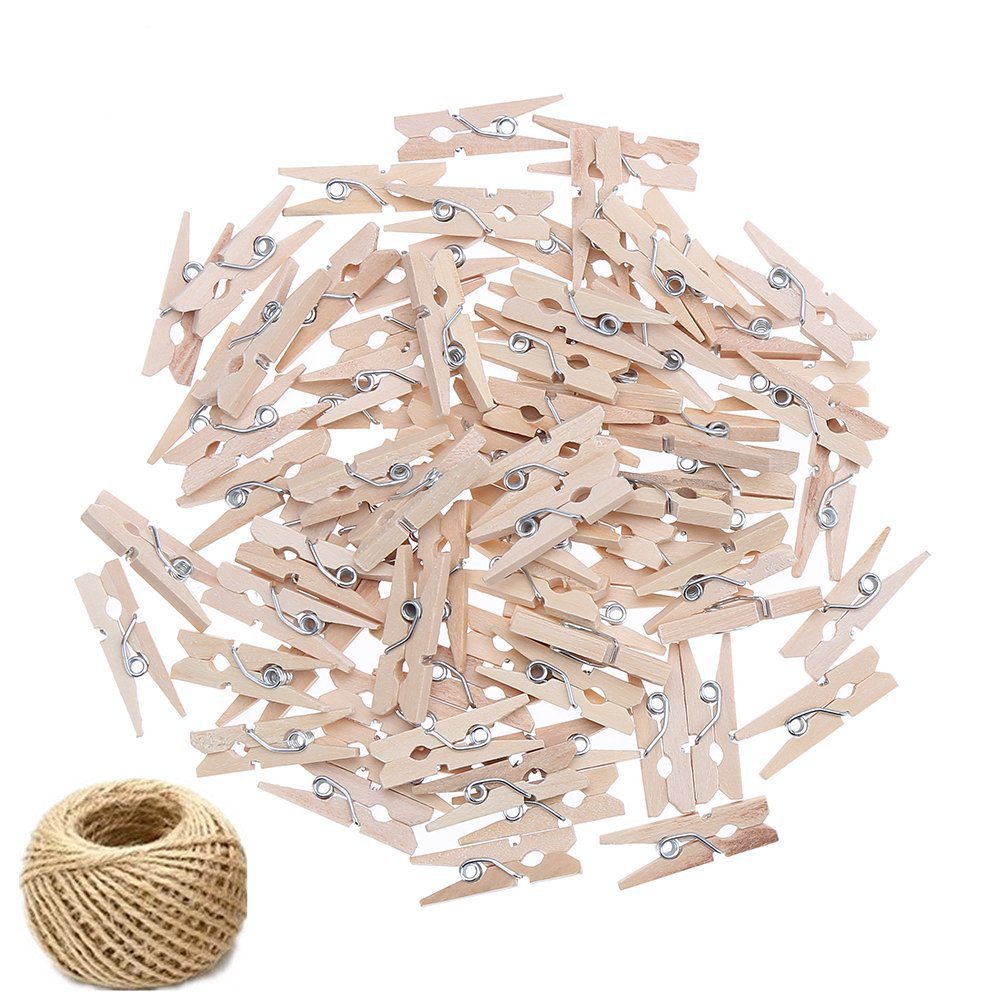 100 Colored Wooden Mini Pegs Clothespins Craft Photo Clips with 20 meters Jute Twine for Craft Rustic Decoration (Natural)