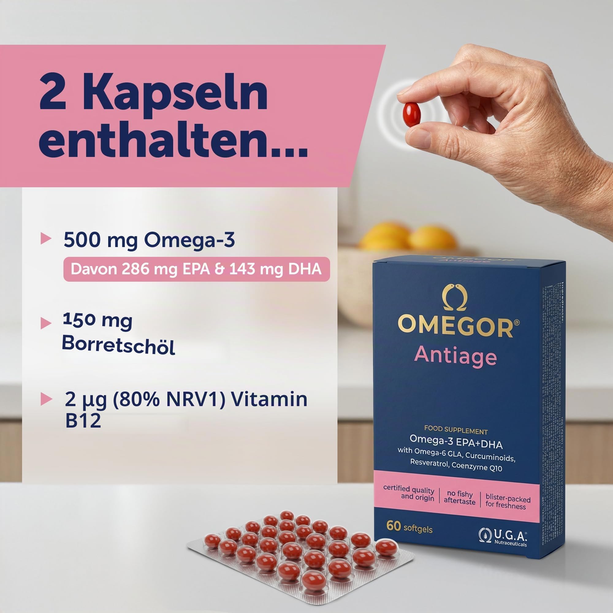 OMEGOR Anti-Aging – Omega 3 Kapseln mit EPA/DHA & Omega 6 GLA – Fischöl Kapseln mit Resveratrol, Kurkuma, Alpha-Liponsäure, Coenzym Q10 – Omega-3 Supplement für Haut & Gelenke – 60 Kapseln 2