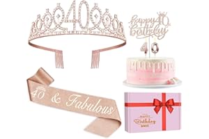 JUESLY 40th Birthday Decorations for Women, Including Crown/Tiara, Sash, Cake Topper and Candles, 40th Birthday Gifts Women