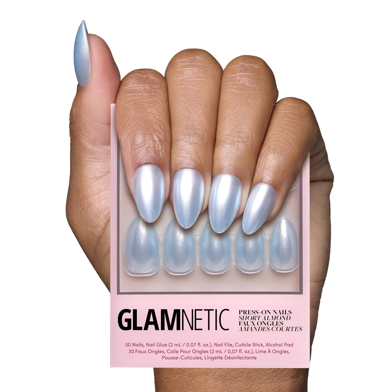 Glamnetic Press On Nails - Something Blue | Short Almond Fake Nails, Baby Blue with Glossy & Glazed Finish for Weddings, Reusable | 15 Sizes - 30 Nail Kit with Glue