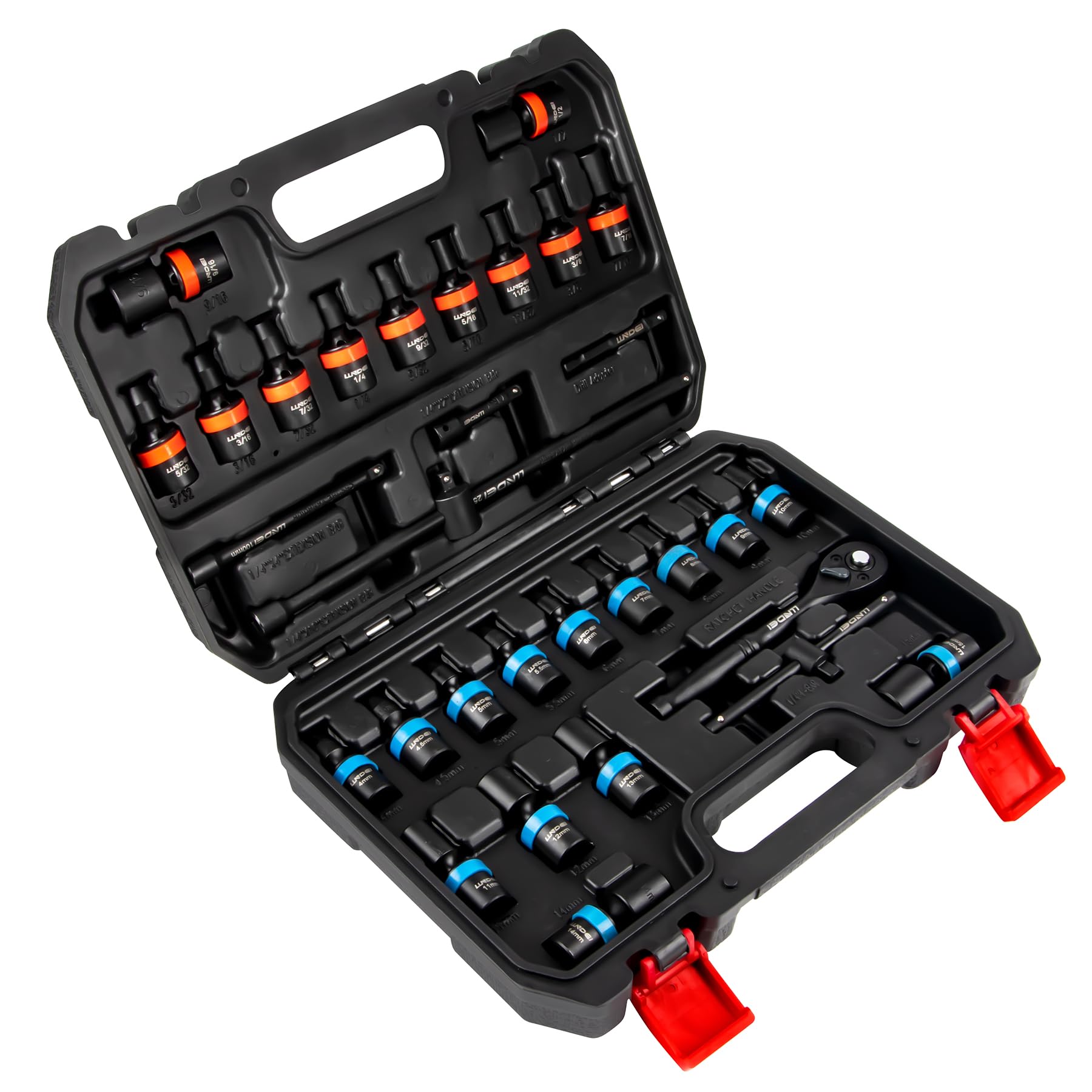 Photo 1 of LLNDEI 1/4-Inch Drive Swivel Socket Set, 33 Pieces Standard SAE(5/32 to 9/16") Metric Size(4-15mm) CR-MO Wobble Sockets, 6 Point with Ratchet Wrench Handle, Extension Bars and Adapter