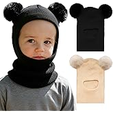 2Packs Baby Winter Hat Scarf Toddler Baby Beanie Face Mask Ear Flaps Poms Pom Neck Warmer Balaclava Fleece Lined Knitted