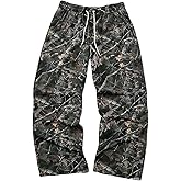 RoseSeek Men's Camo Wide Leg Baggy Pants Drawstring Waist Outdoor Hunting Long Trousers Streetwear