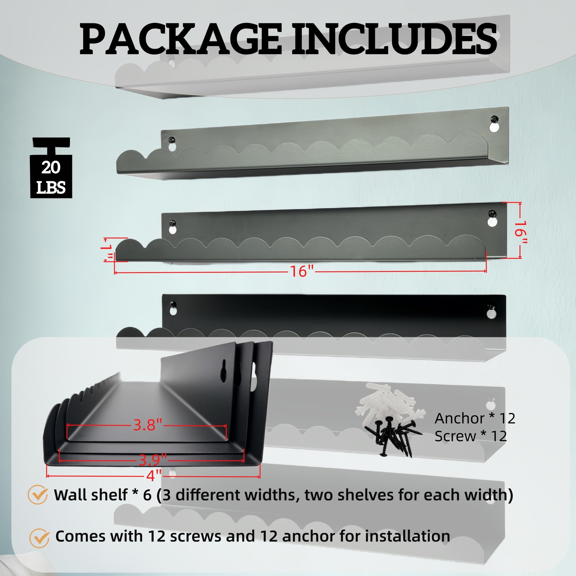 FESTLOVE Nursery Book Shelves Set of 6, Black Metal Floating Shelves for Wall, 16 Inch Scalloped Book Shelf for Kids Room, Bathroom, Bedroom, Playroom Wall Decor & Storage