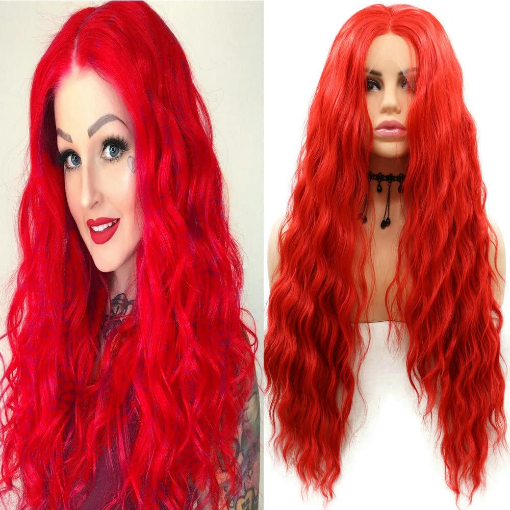 long wavy synthetic lace front wig for women cosplay party (red)